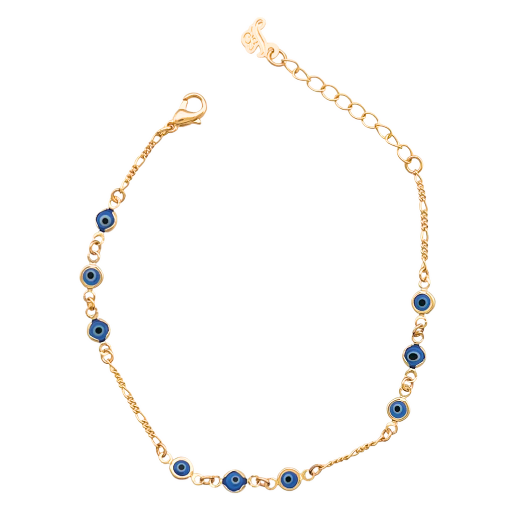 SB285NB 18K Gold Plated Bracelet with tiny little navy blue evil eyes